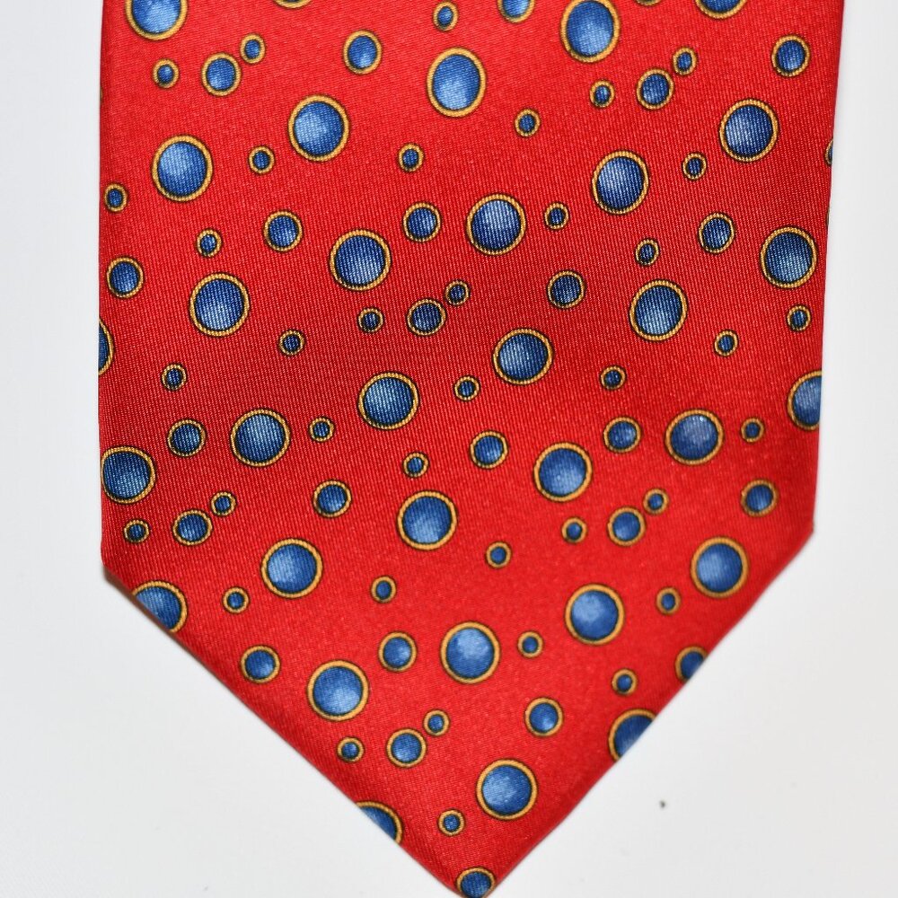 Salvatore Ferragamo Silk Tie – Red with Blue & Yellow Dot Pattern